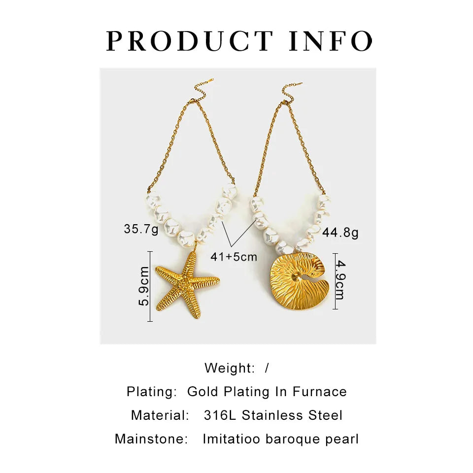 GHIDBK Exaggerated Punk Big Starfish Irregular Round Pendant Necklaces for Women Imitation Baroque Pearl Collarbone Chain Summer