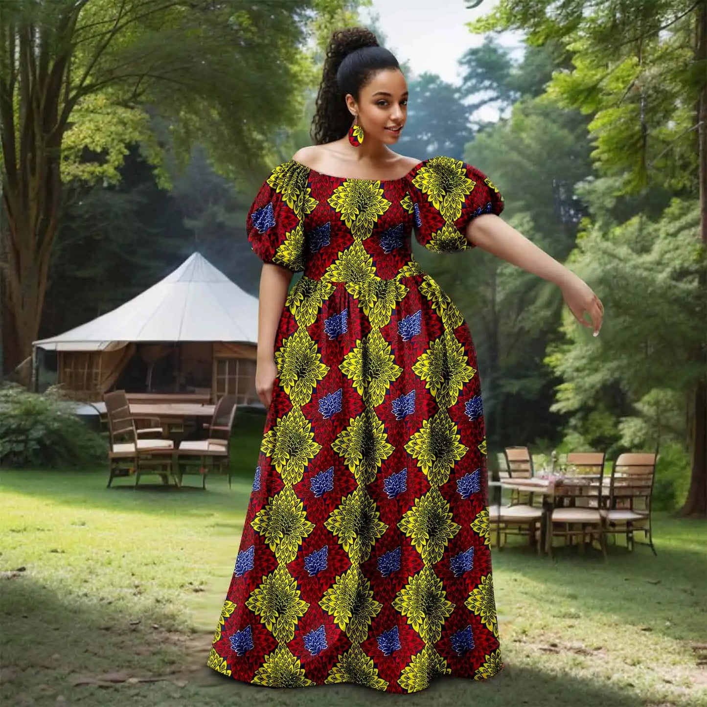 Afripride African Women's Dresses Sexy Strapless Bubble Sleeves With Same Color Earrings Women's Dresses 2525012