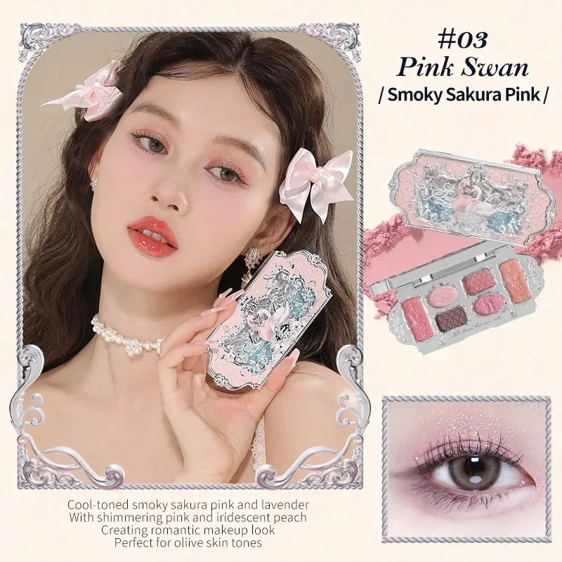 Makeup Flower Knows Set Swan Ballet Series Six Color Eyeshadow Palette Embossed Blusher Shine Lipstick Kit With Bag All In