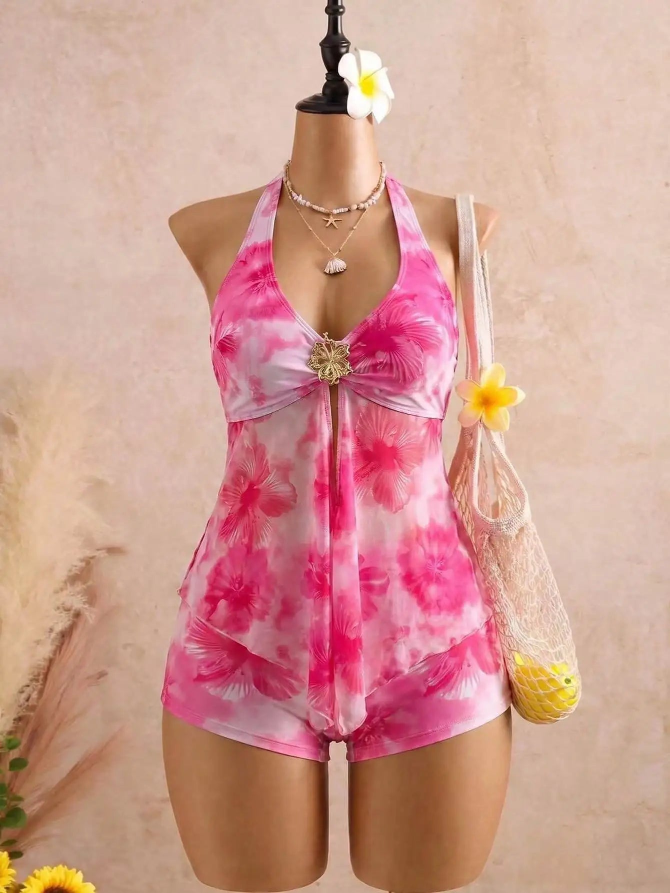 Beige Two Piece Bikini Set 2026 Women Metal Sun Ornament Mesh Tank Top High Waist Swimsuit Holiday Bathing Suit Swimwear