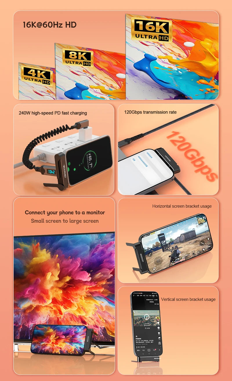 USB5.0 Type C Phone Stand Adapter 240W Fast Charging 120Gbps 16K Multi-function Foldable Converter Compatible Thunderbolt 5/4