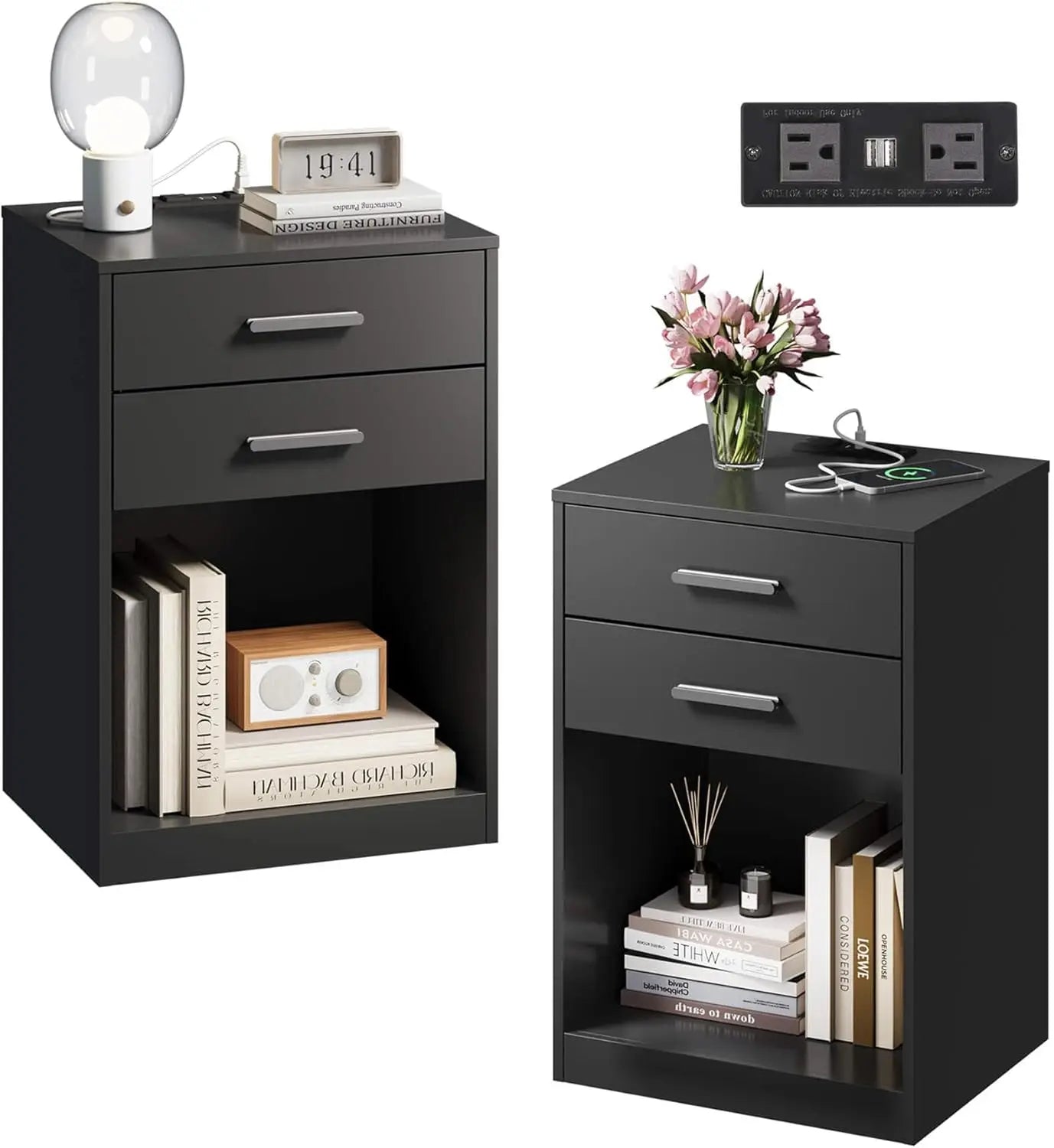 Nightstand Set of 2 with Charging Station,Wood Night Stand Sets with2 Drawers and Open Shelf,Bed Side Tables Bedroom,Living Room