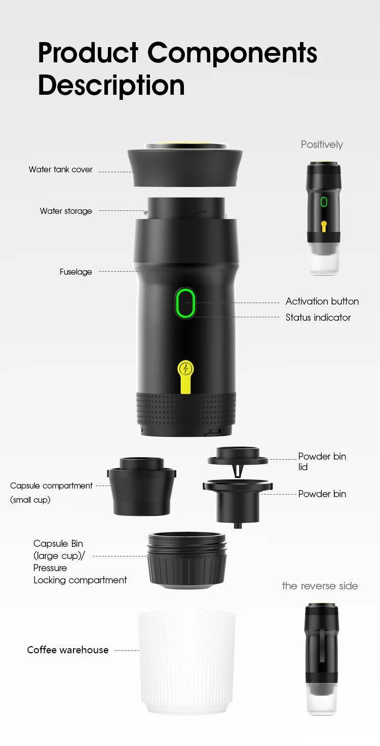 New Electric Portable Coffee Machine Portable Italian Espresso Machine for Car & Home 3-in-1 Capsule Powder Travel Coffee Maker