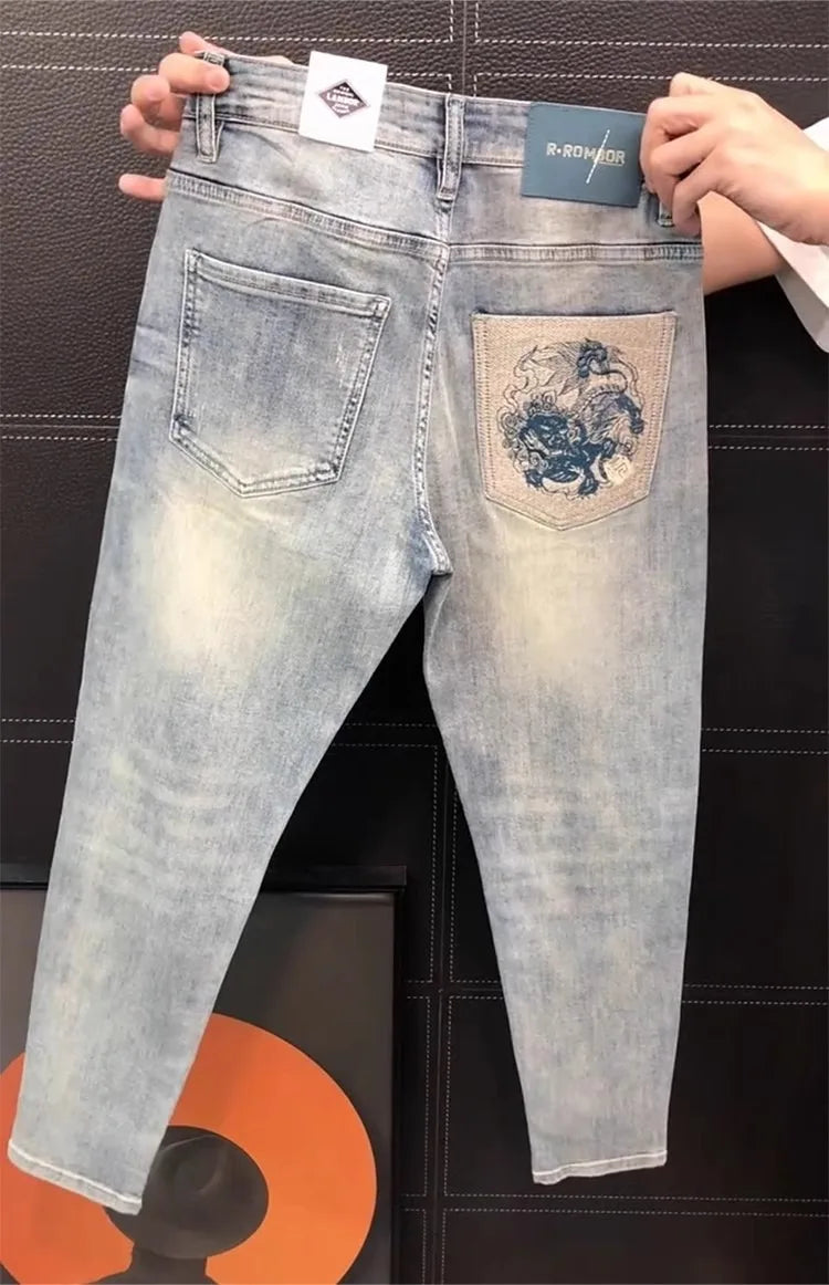 Ele Men's Slim Fit Jeans Elastic Casual Pants Lightweight Luxury Faion Embroidery Summer New Sle European Faion