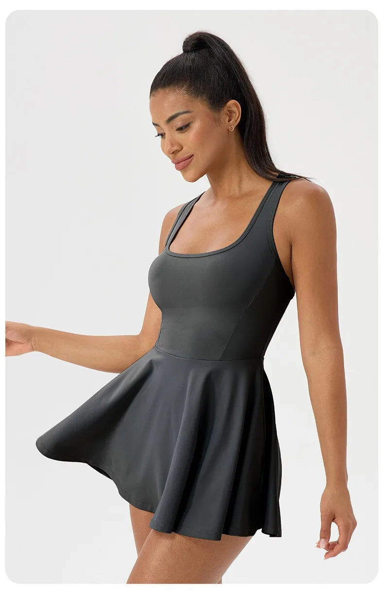 Women Summer Tennis Dress Breathable Quick-Dry Workout Dress Outdoor Sports Skirt Gym Yoga Short Dress Casual Athletic Skirt