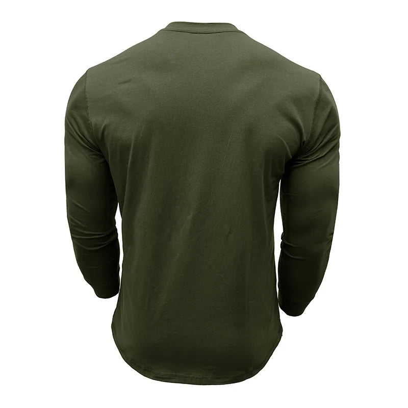 SHiONFA Spring Men's Long Sleeved T-shirt Casual Soft Cotton Base Shirt Placket Front Button Solid Color Pullover