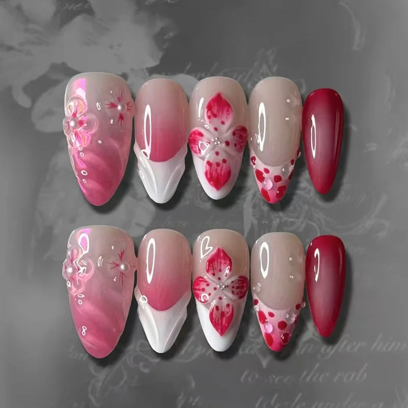 24pcs Long Almond False Nails with Flower Pearl Rhinestone Design Fake Nails Leopard Print Press on Nails Sets Finished Manicure