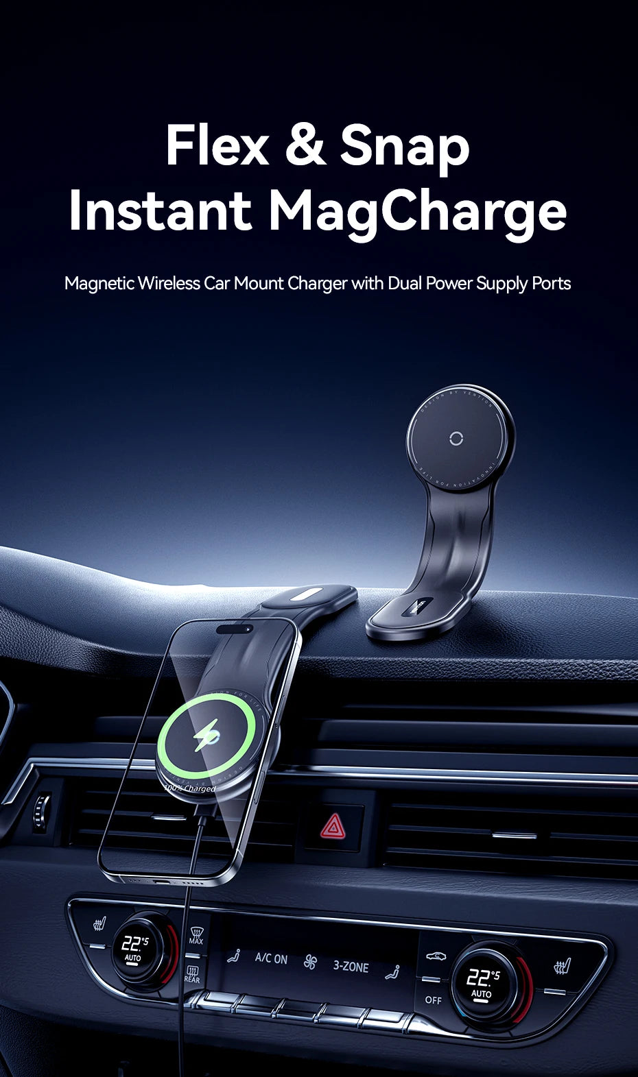 Vention Magnetic Car Phone Holder Mount Adhesive Style Adjustable Dashboard Magsafe For iPhone 12-17 15W Wireless Fast Charging