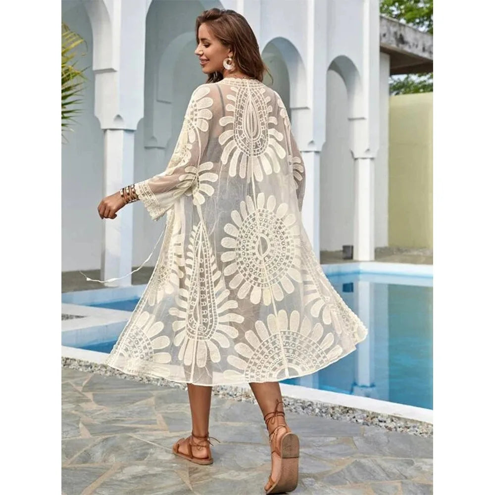New Sun Protection Bikini Cover up V-Neck Sunflower Woman Bikini Cover-up Embroidered Lace Swimsuit Spring Summer