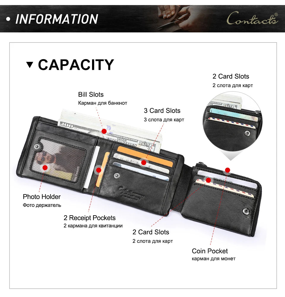 CONTACT'S Genuine Leather Men Wallet Vintage Trifold Hasp Wallet Zipper Coin Purse Card Holder Money Clip Men's Wallets