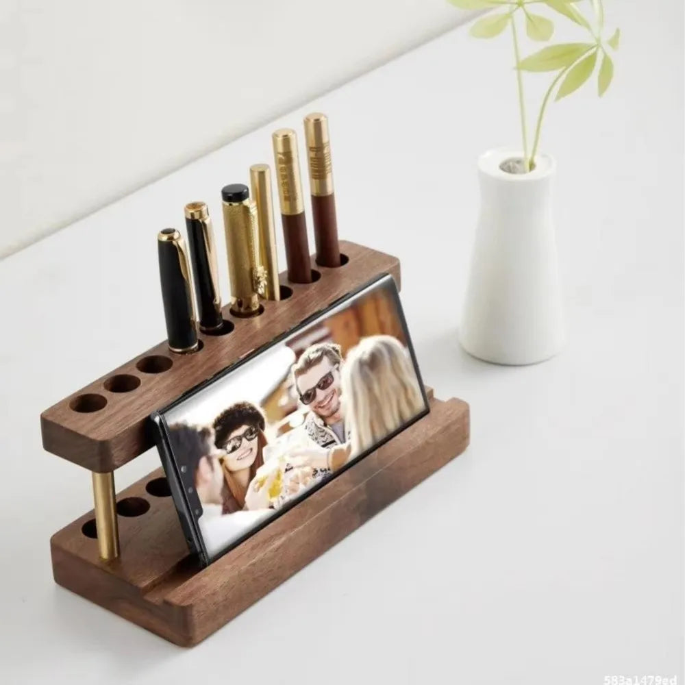 Modern Walnut Wood Pen Holder 9 Slots Sleek Desk Organizer Phone Stand For Office School
