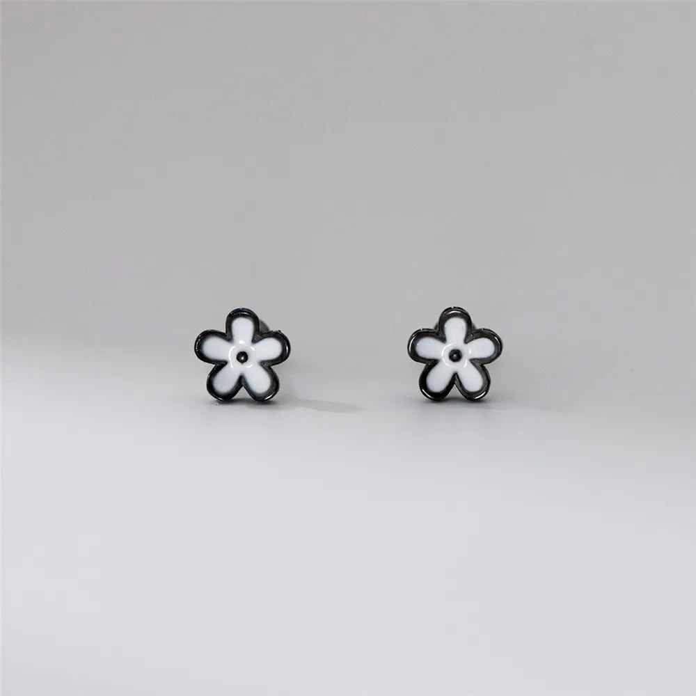 YIZIZAI Womens Earrings Silver 925 Enamel Black Flower  Ear Piercing For Women Screw Silver Stud Earrings