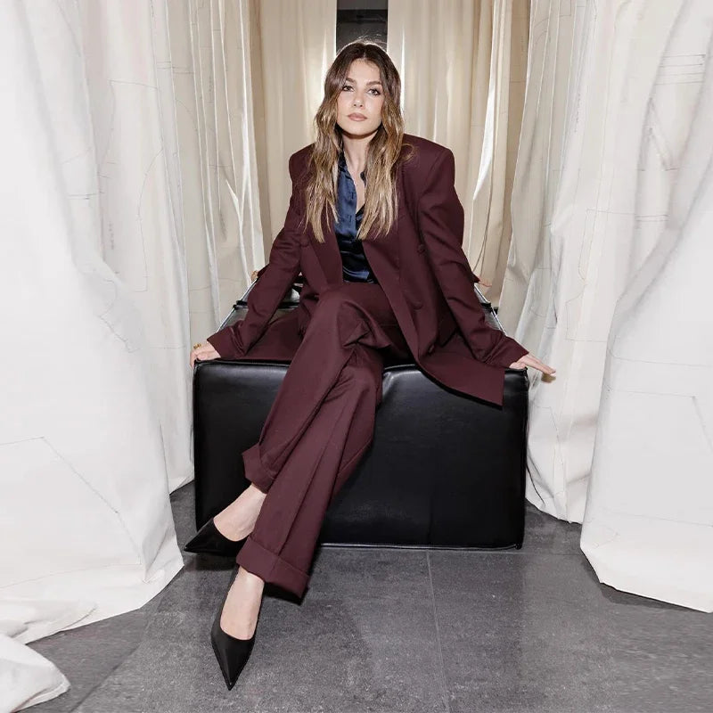 Elegant Blazer Coat Pants Set Women 2026 Lapel Double Breasted Jacket Straight Trousers Female Sets Spring Chic Lady Suit