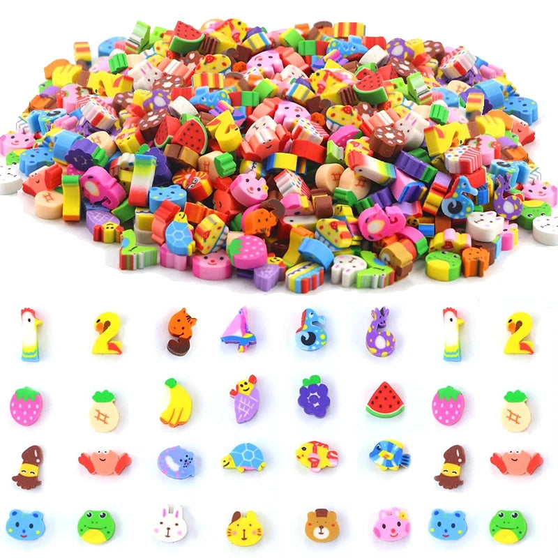 100~500pcs Mini Cartoon Eraser Bulk Multiple Styles Colored Fruit Animal Cake Design School Supply Student Festival Rewards TMZ