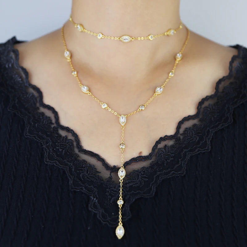 New Fashion Trendy Women Jewelry Micro Paved Geometric Round Marquise CZ Charm Link Station Chain Choker Y Lariat Necklace
