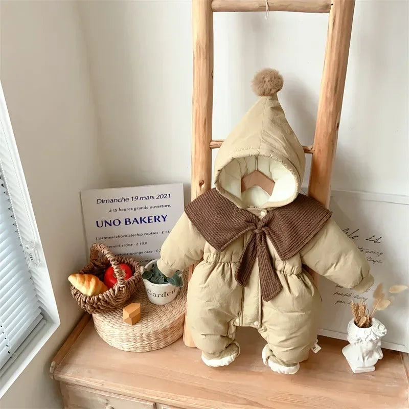 2025 Winter New in Infant Baby Girls Full Sleeve Hooded Quilted Thicken Warm Ruffles One-piece Jumpsuits Kids Newborn Romper