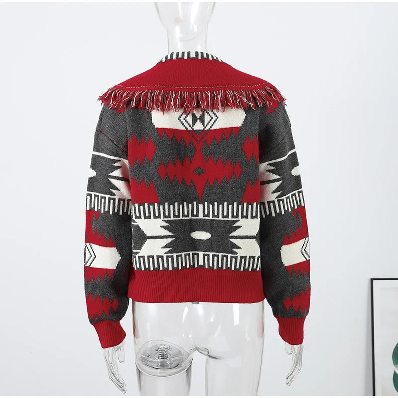 Women's Print Fringe Knitted Vest Coat Fashion Sleeveless Tie Waist Pocket Cardigan Sweater Lady 2025 Autumn Casual Outerwear