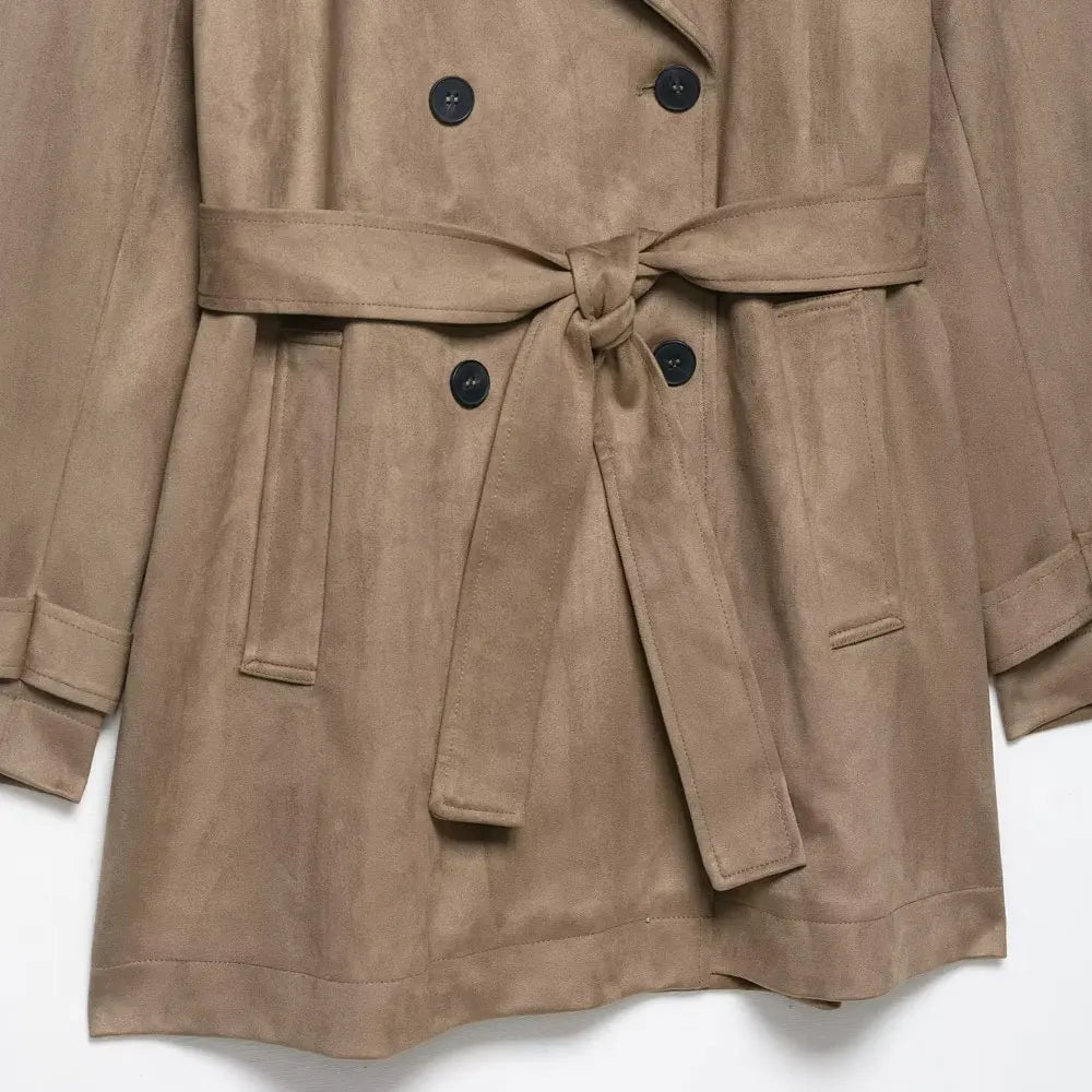 Women Fashion With Belt Faux Suede Trench Coat Long Sleeve Double-breasted Female Outerwear Chic Tops