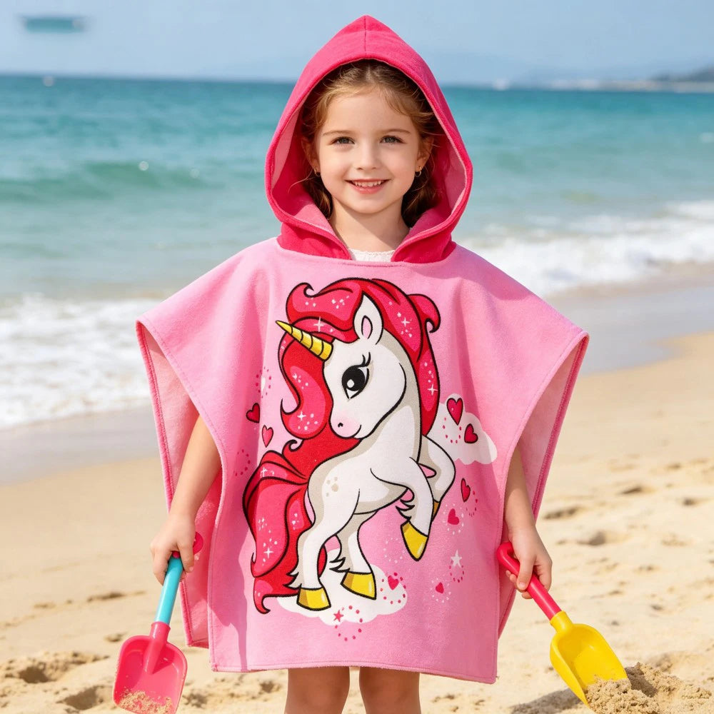 60-120cm Kids Hooded Bath Beach Poncho Towels Baby Quick Dry Bathrobe Child Cartoon Cloak Poncho Towels Microfiber Swim Cover-up
