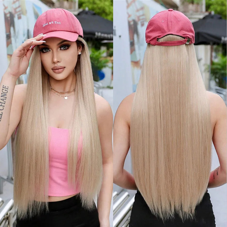 Hat Wig Blonde Hair Extension with Cap Synthetic Hair Layered Straight Wig for Women Daily Natural Heat Resistant Easy to Use
