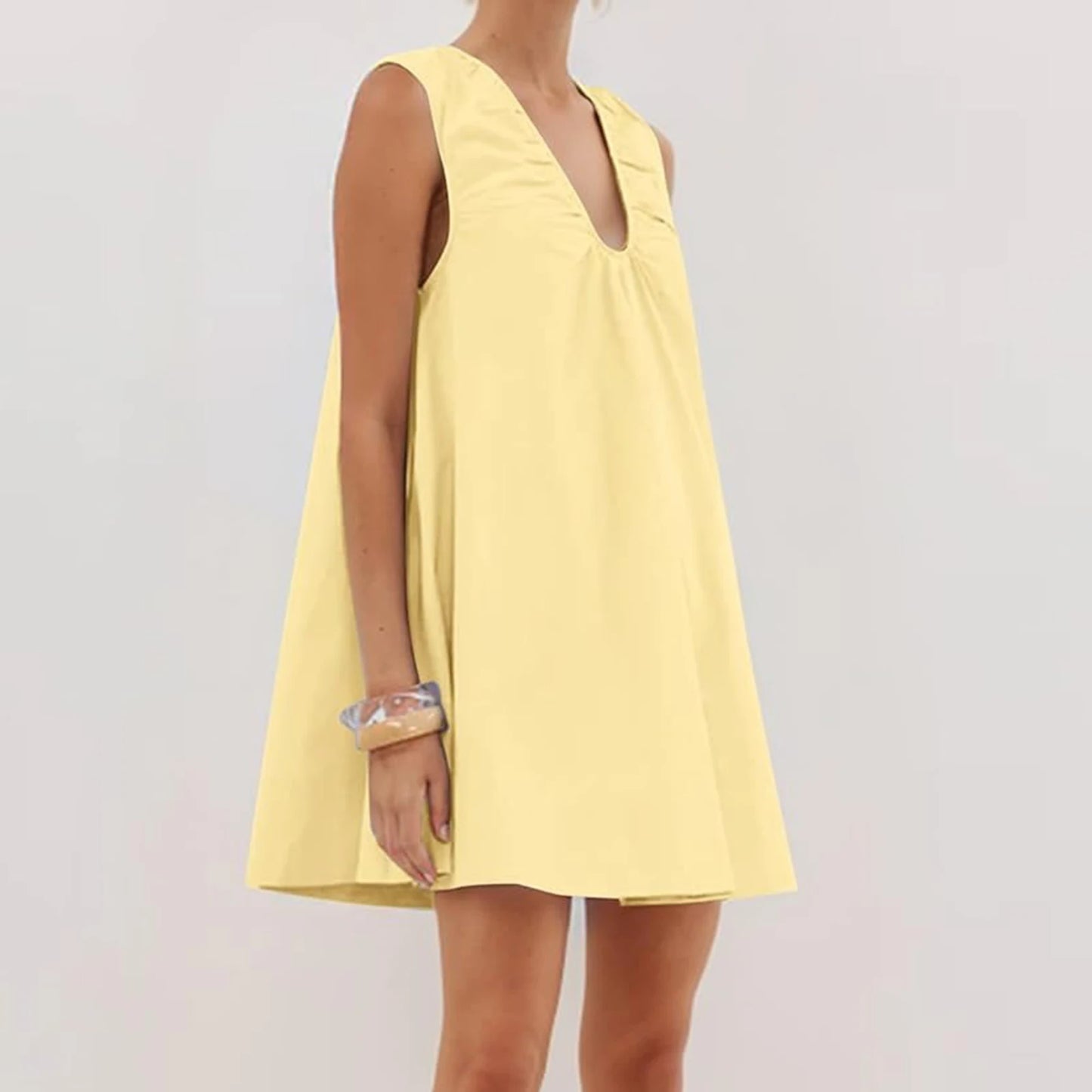 New Fashion Womens V Neck Tank Dress Sleeveless Solid Color Loose Beach Dresses With Pocket Club Street Style Hot Sale S-XL