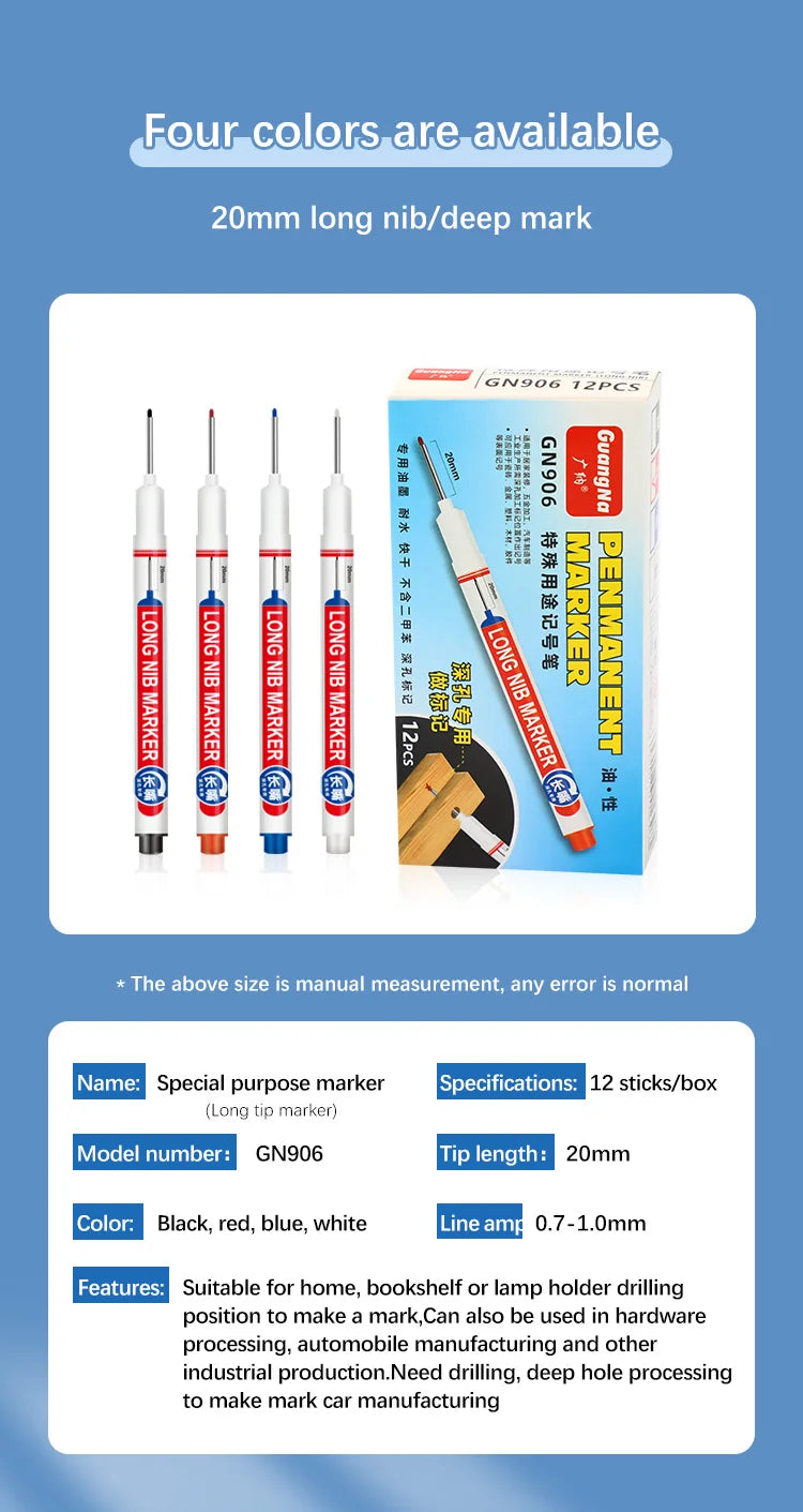 4Pcs/Set 20mm Deep Hole Long Nib Head Markers For Metal Perforating Pen Waterproof Bathroom Woodworking Decoration Multi-Purpose