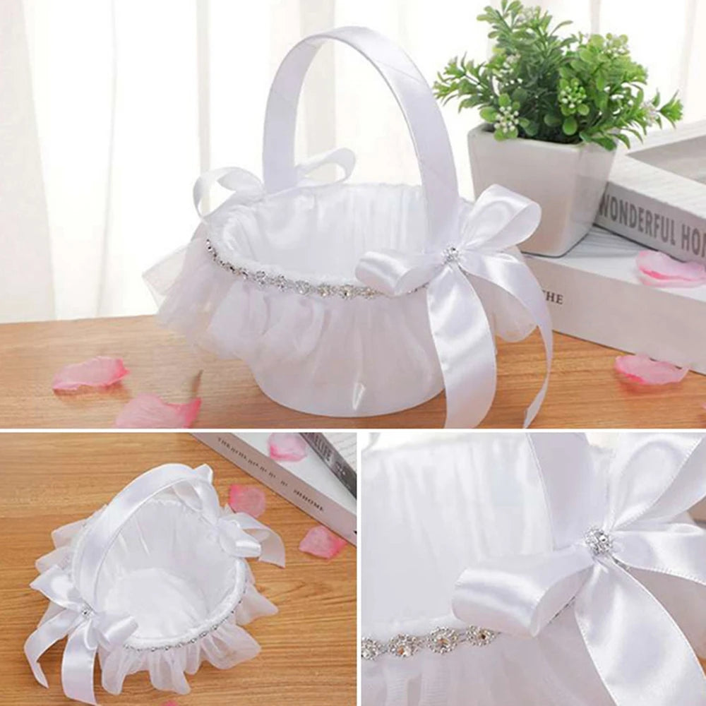 White Flower Girls Basket Simple Wedding Flower Basket  Bride Bridesmaid Hand Held Basket Wedding Ceremony Party Decorations