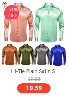 Hi-Tie Pure Black Silk Mens Shirts Plain Smooth Long Sleeve Formal Dress Blouse for Male Wedding Business Events Oversized Gift