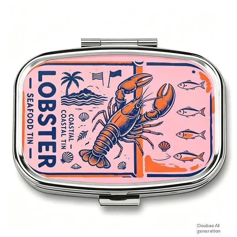 【WA】LUCKY TUNA Sardines Print Metal Pill Box, Portable 2-Compartment Travel Pill Organizer For Vitamins & Pills