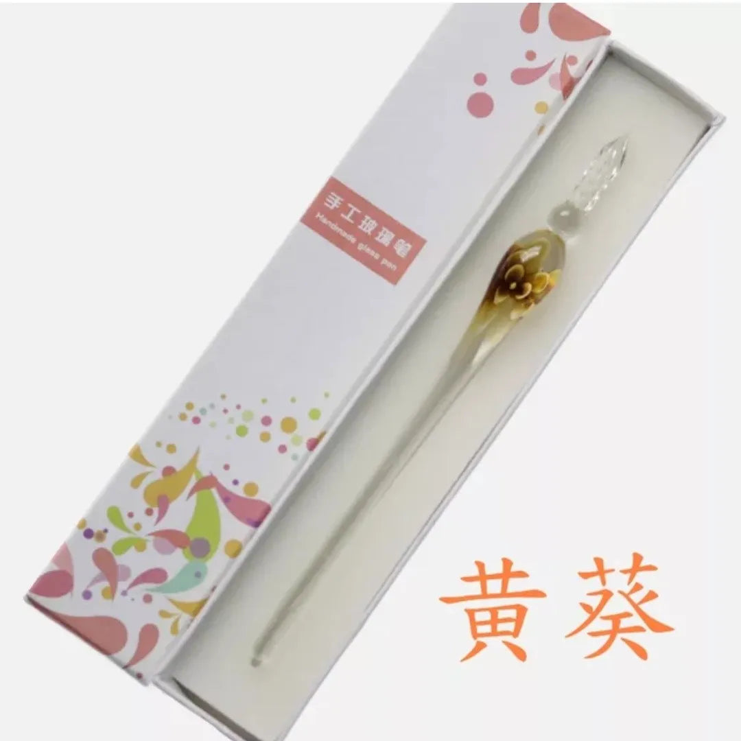 Embedded flower glass pen set, colored dipping pen, street vendor gift box, signature pen, glass pen gift