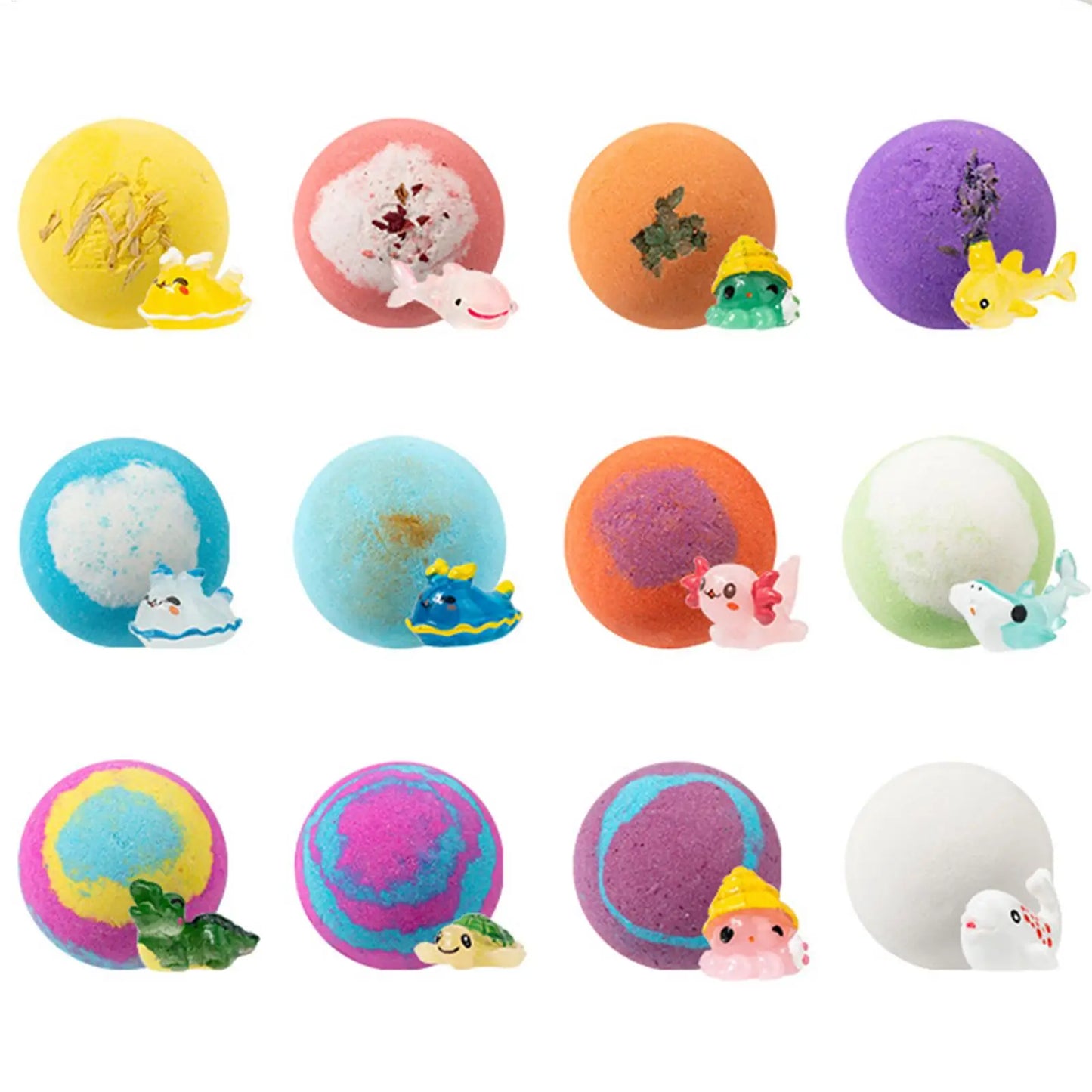 12Pcs Ocean Themed Bath Bombs Gift Set with Surprise Sea Animal Toys Inside Natural Bubble Bath Salt Balls for Kids Holiday Gift