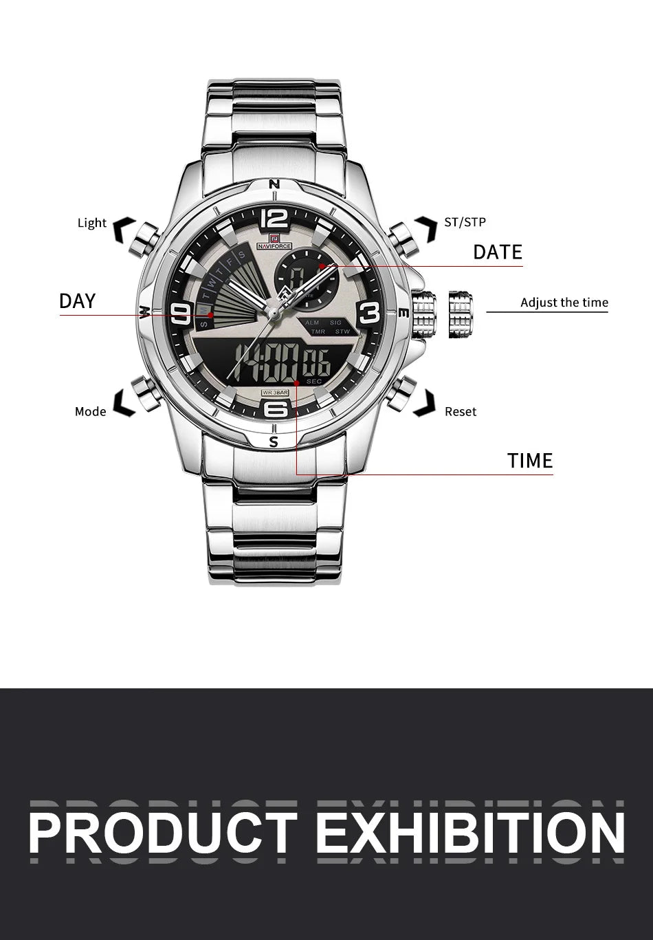 NAVIFORCE Men's Watch 3ATM Waterproof Multifunctional Dual Display with Date Stainless Steel Strap Luxury Business Wristatch