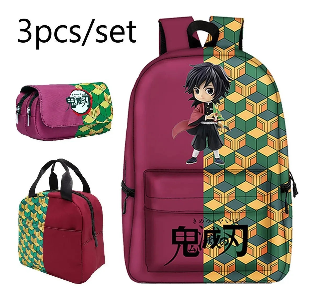 Demon Slayer Backpack Anime Print Large capacity School Bag 3 Piece Set Lunch Bag Pencil Case Tanjirou Nezuko Boy Girl Student