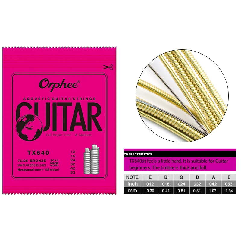 Orphee Acoustic Guitar Strings Set Medium Carbon Steel Hexagonal Core Rust Prevention Treatment Folk Guitar Parts & Accessories
