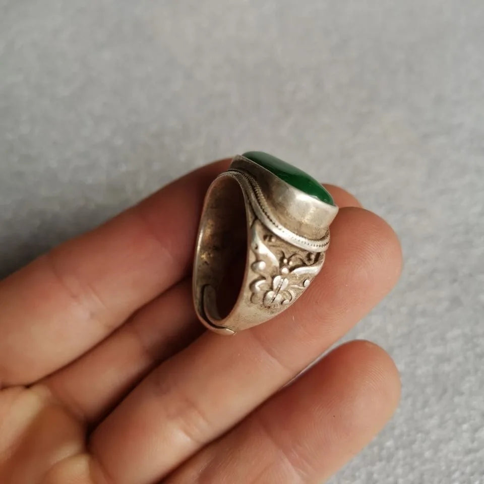 Vintage Green Jade Ring, Tibetan Silver Inlaid, Adjustable Stretch Band for Men & Women