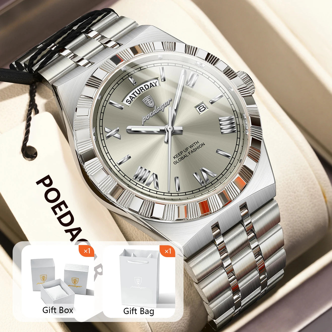 POEDAGAR Original Male Watch Luminous Waterproof Week Date Men Wristwatch Stainless Steel Business Quartz Men's Watches Gift+Box