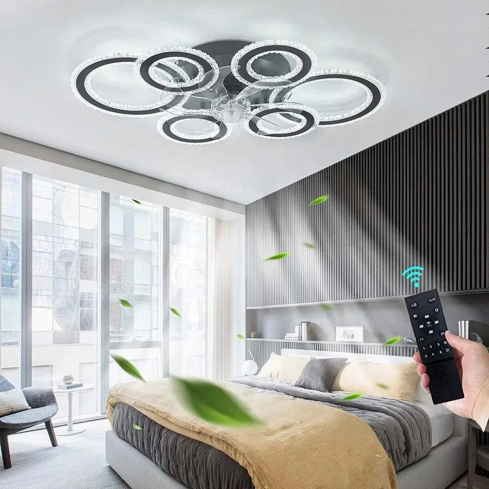 Smart Ceiling Fan with Lights Remote Control 6 Speeds Modern Circular Ring LED Fan Lamp Fixtures Kitchen Bedroom Home Fan Lamp
