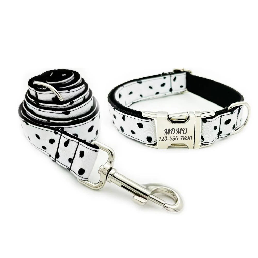 Personalized Dog Collar Customized Pet Collar Free Engraving ID Nameplate Tag Pet Dalmatians Black Dot Puppy Collars Leash