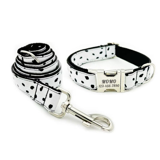 Personalized Dog Collar Customized Pet Collar Free Engraving ID Nameplate Tag Pet Dalmatians Black Dot Puppy Collars Leash
