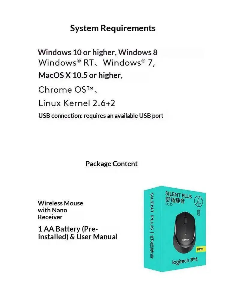 Logitech M330 Silent Plus Wireless Mouse 2.4G USB Receiver Ergonomic Shape Gentle Soft for Desktop Office Laptop Desk