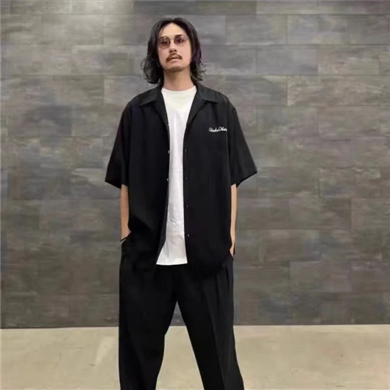 High-end Summer WACKO MARIA Solid Color Cursive wackomaria Embroidery Logo Simple Hawaii Short Sleeve Shirt