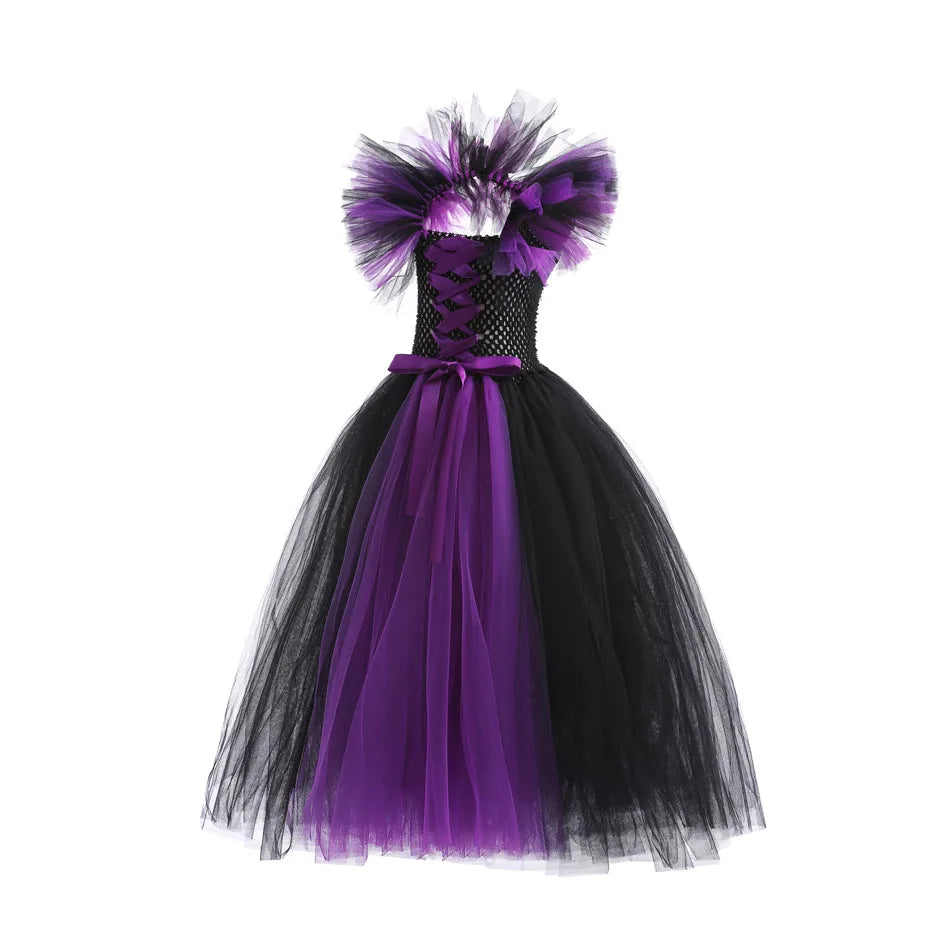 Halloween Costume For Kids Black Purple Witch Dress Luxury Lace Evil Role Playing Costume Maleficent Dress Up Outfit Tulle Dress