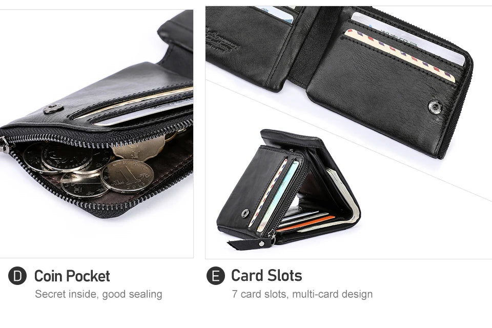 CONTACT'S Genuine Leather Men Wallet Vintage Trifold Hasp Wallet Zipper Coin Purse Card Holder Money Clip Men's Wallets