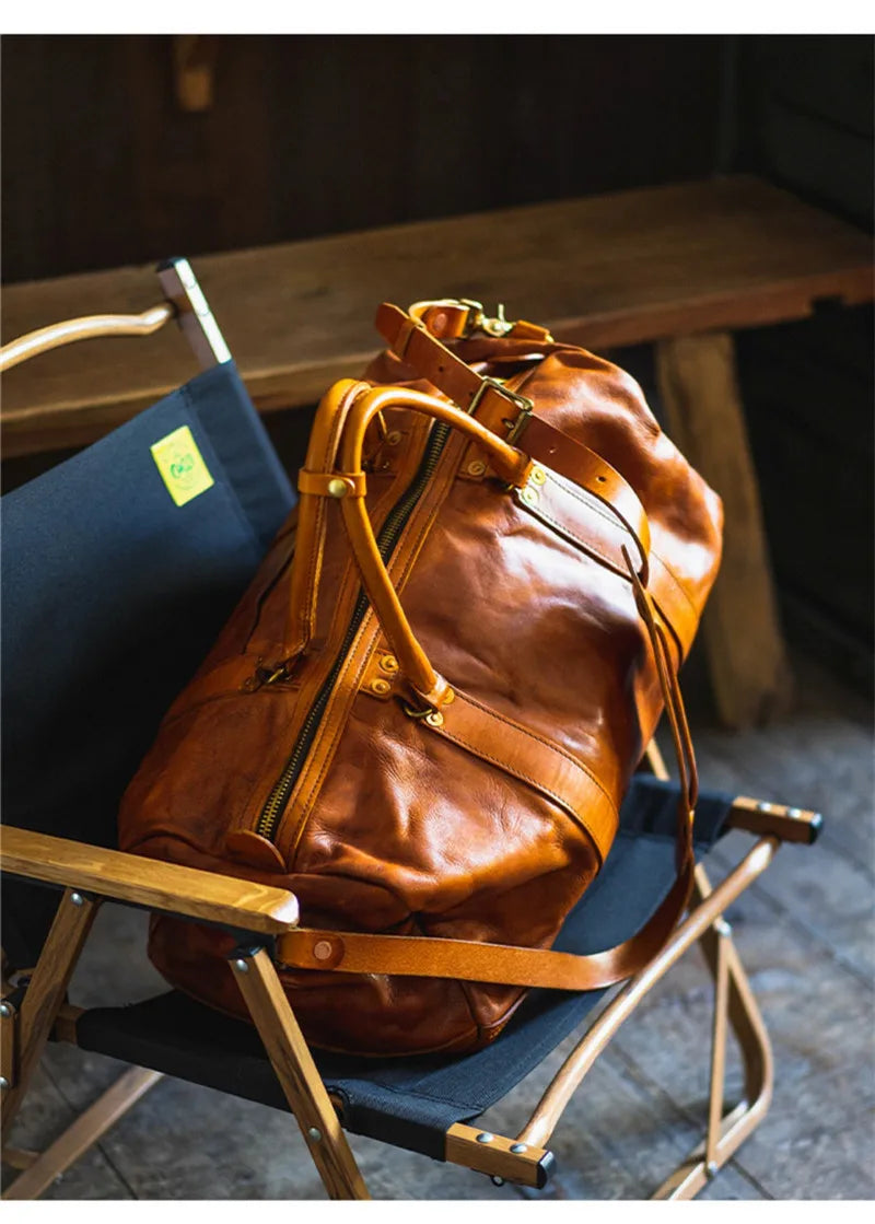 Vintage fashion luxury genuine leather men's travel bag outdoor weekend large capacity crossbody bag real cowhide women handbag