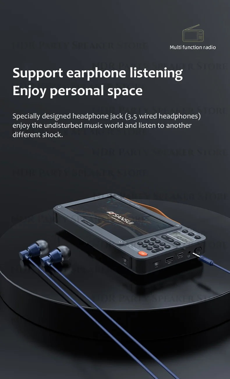 SANSUI Portable FM/MW/SW Radio 7-inch HD LED Display Radio Wireless Bluetooth Speakers Dual TF Card Slot MP4 Video Music Player