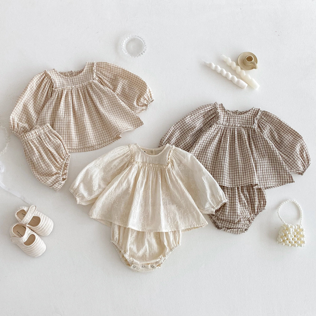 Spring Baby Girls Sets Girls Cotton Plaid Lace Blouse+Bottom Shorts Set for Kids Infant Outfits 0-3T Baby Girl Clothing Outfits