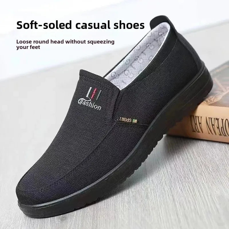 Beijing Men's Canvas Slip-On Shoes Soft Bottom Anti-Slip Breathable Casual Shoes round Toe Cotton Lined Plastic Outsole