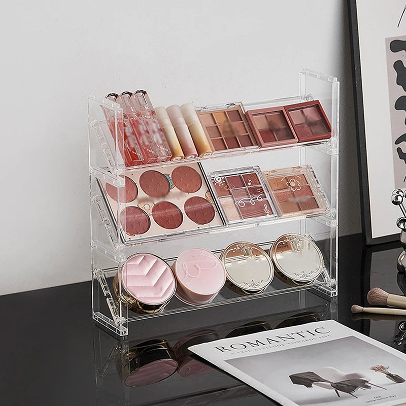 3-Layer Acrylic Cosmetics Rack: Eyeshadow/Blush Tray + Desktop Sundries/Toys Organizer