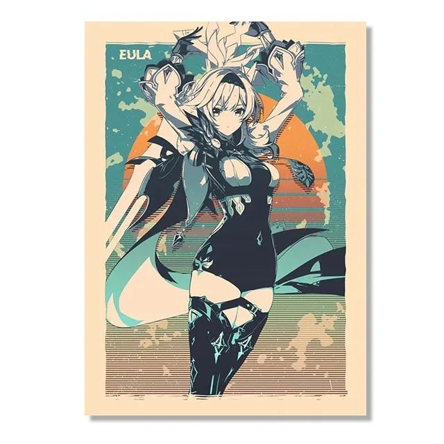 Genshin Game Retro Canvas Poster Ganyu Hu Tao Game  Wall Hanging Painting Anime Wall Art Pictures and Print for Home Room Decor