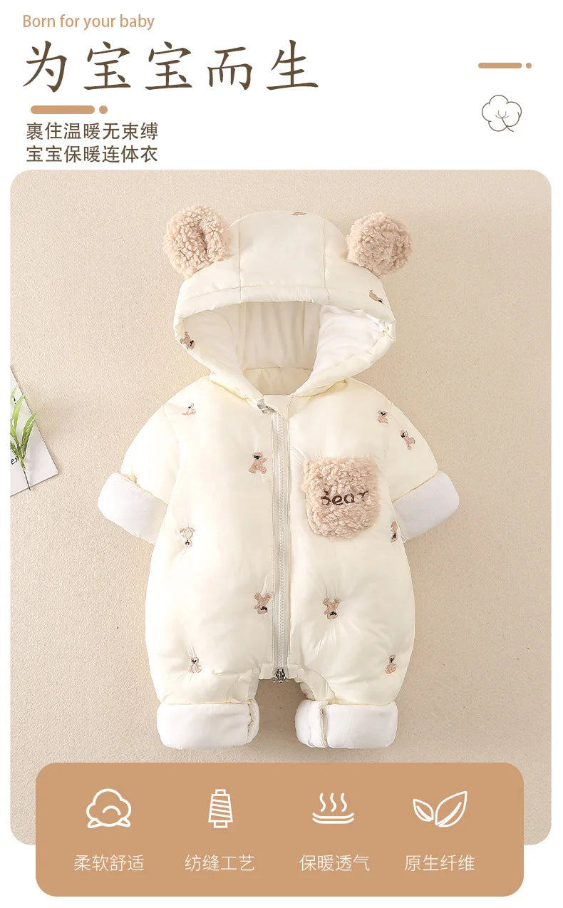 AYNIGIELL Winter Baby Jumpsuit Thick Warm Infant Hooded Inside Fleece Rompers Newborn Boy Girl Overalls Outerwear Baby Sets